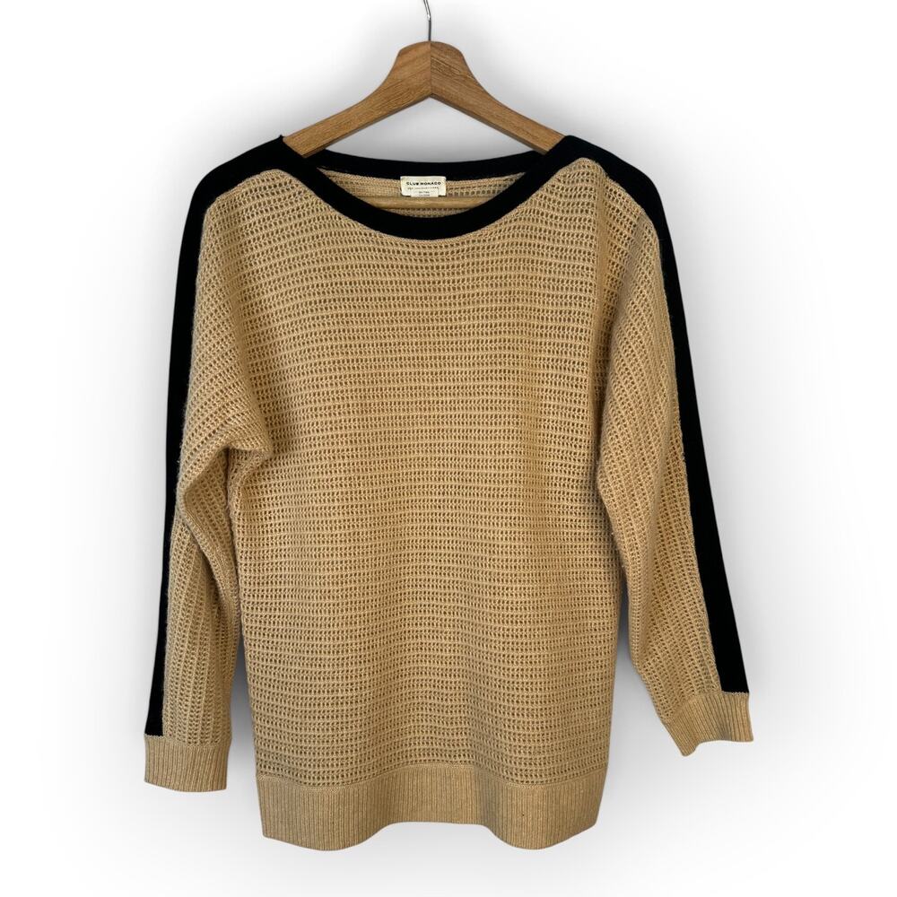 Club Monaco Women size Small Italian Cashmere Open Knit Sweater Camel Black